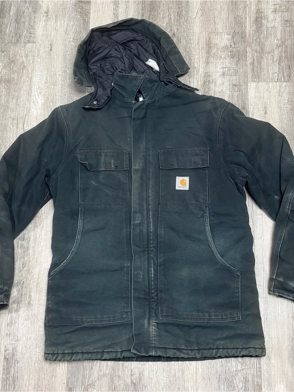 Carhartt Men’s Black Hooded Field Coat VTG Faded XLT